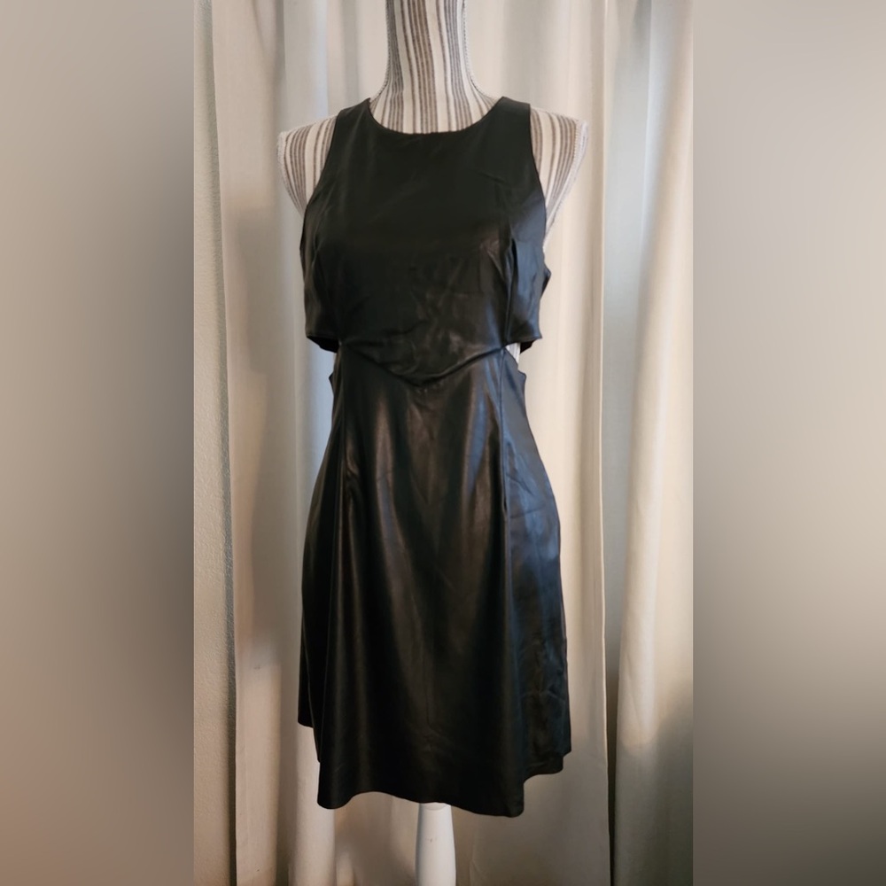 New French made black vegan leather dress cutout detail slimming